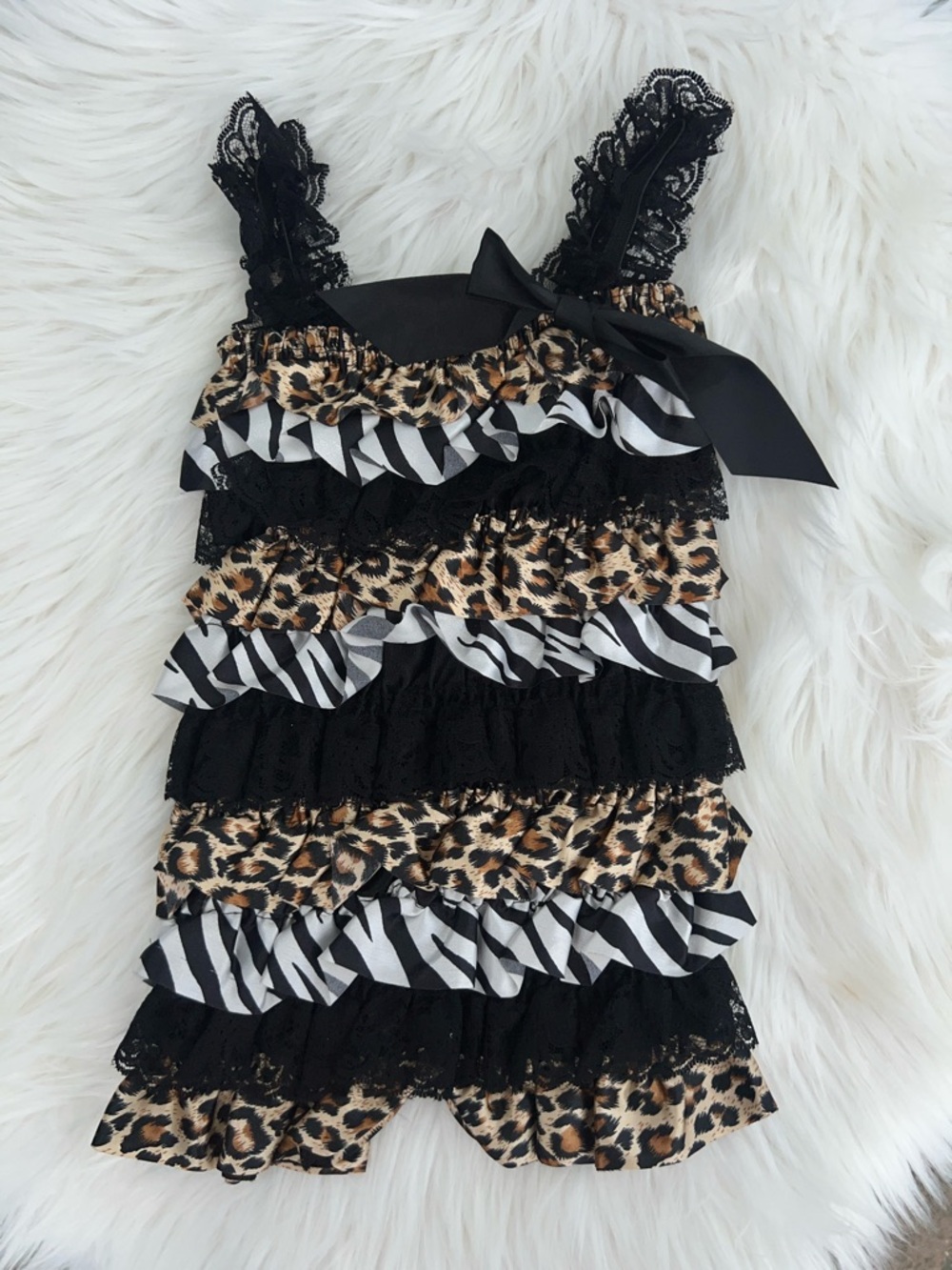 Ruffled Leopard & Zebra Print Lace Romper with Bow